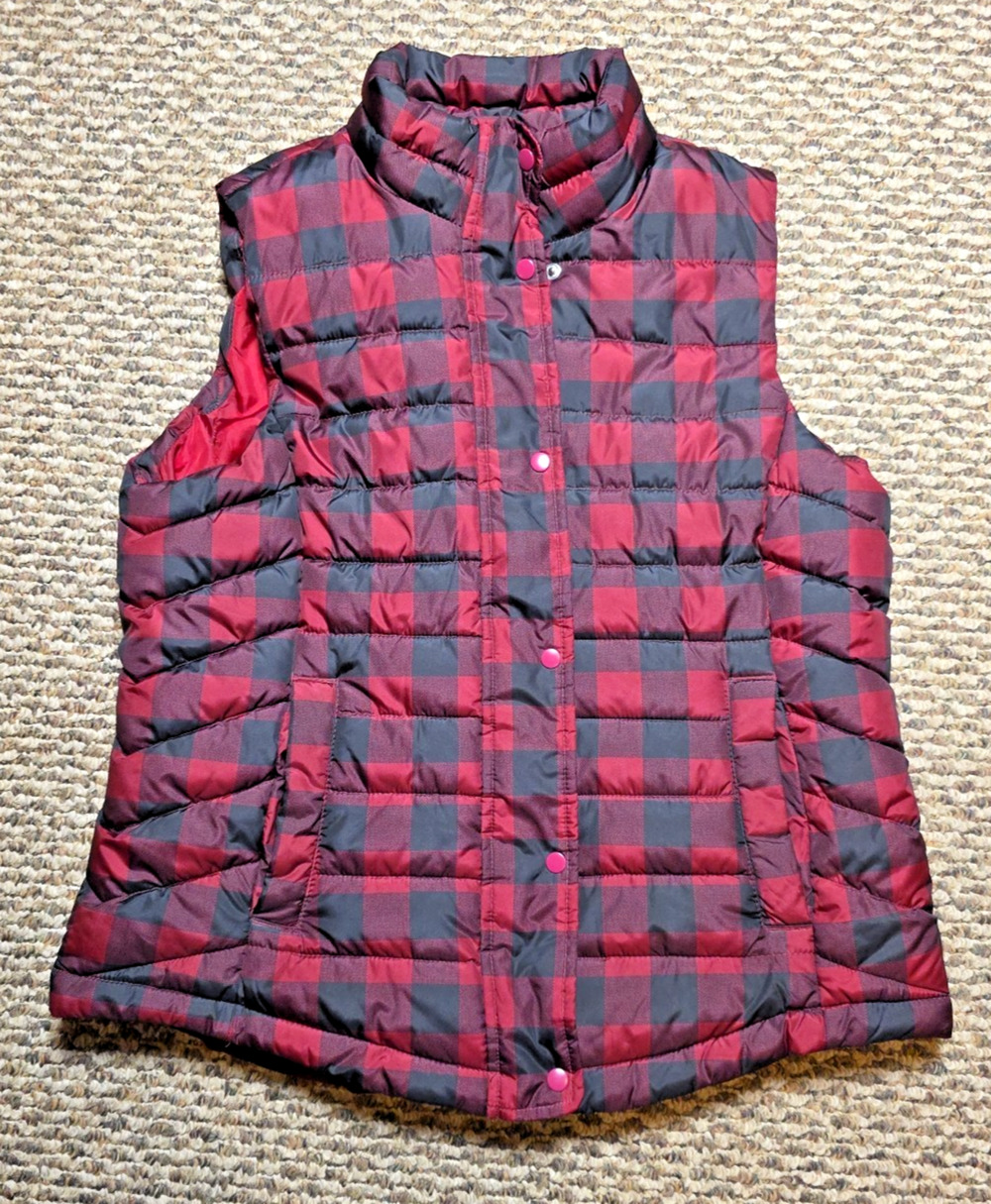 Gap Womens L Red Buffalo Plaid Quilted Snap Puffer Vest Preppy Casual Layering